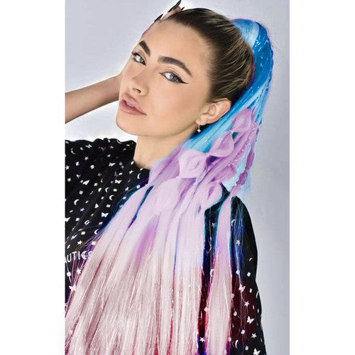 Extensii de par sintetic pentru impretituri, Zola®, ombre mov-roz si sclipici, 60 cm Extensii de par sintetic pentru impretituri, Zola®, ombre mov-roz si sclipici, 60 cm